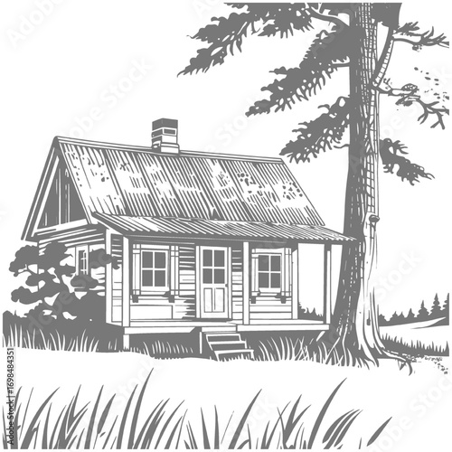 Country Side Rustic Cabin in a Forest Clearing Illustration