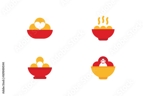 Four bowls dumplings soup with steam snowflake icons food