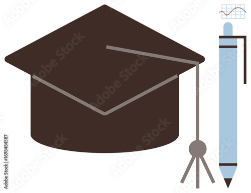 Dark graduation cap with tassel next to a blue pen featuring a graph accent. Ideal for education, learning, achievement, school, study, knowledge, and creativity concepts. A simple flat metaphor