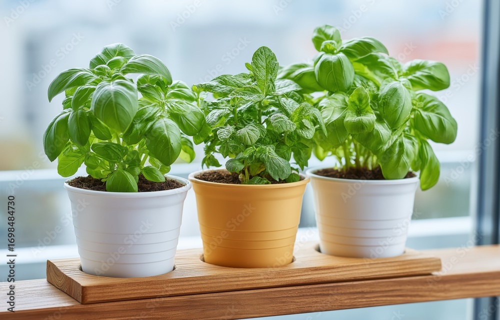 Fototapeta premium Minimalist urban gardening with potted herbs on a serene balcony
