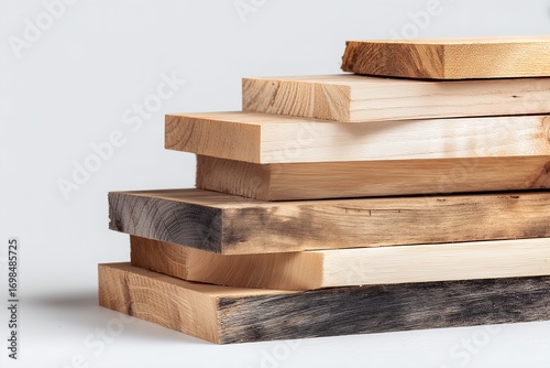 Stack of assorted wooden planks on white background for carpentry projects