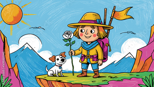 Cartoon child holding a rose with dog in colorful mountain landscape. Major Arcana Tarot 0 Jester