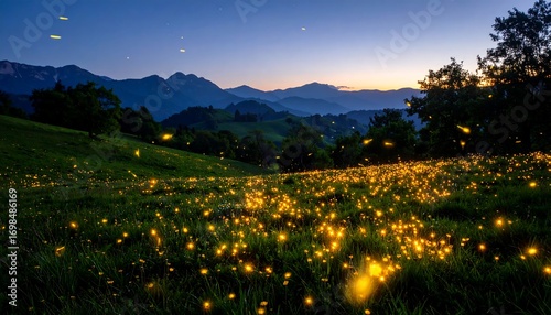 A field of fireflies at dusk