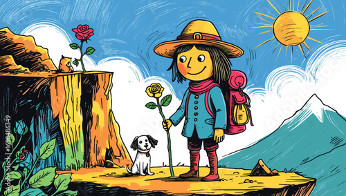 Happy child holding a yellow flower alongside a dog in nature. Major Arcana Tarot 0 Jester 
