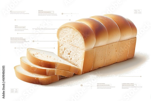 Intricate sliced loaf of bread with detailed annotation on white background