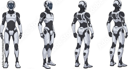 Futuristic humanoid robot, AI android with sleek white and black design, front and back views, advanced technology concept.
