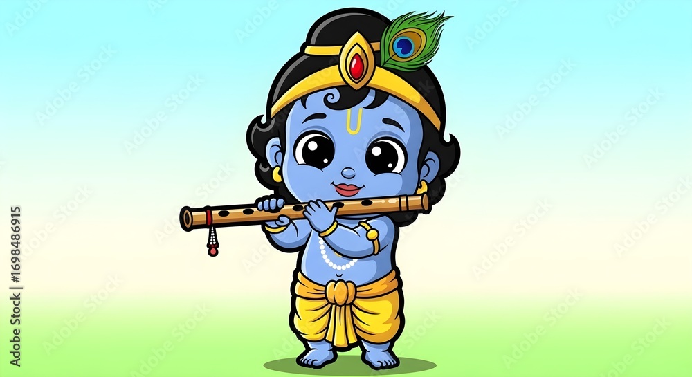 Obraz premium Krishna Plays Flute Cartoon Illustration