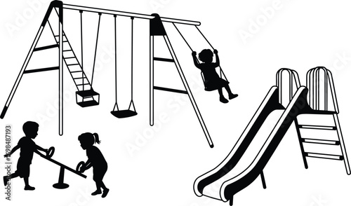 Children playing on swings, slide, and seesaw, outdoor playground equipment illustration, kids silhouette, fun activities, childhood recreation, park games, vector a