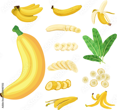 Banana Vector Set – Whole, Peeled, Sliced, and Tropical Leaves Clipart
A complete vector set of banana-themed illustrations, including whole bananas, peeled bananas, banana slices, banana peels.