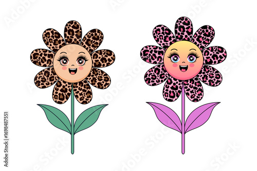 ute kawaii flowers with happy faces and stylish leopard-print petals in pink and brown.