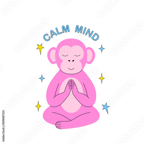 Pink  cartoon monkey in a meditative pose with the text Calm Mind