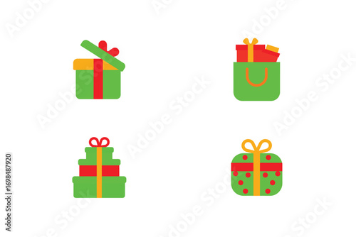 Four green gift boxes with red yellow ribbons bows present christmas