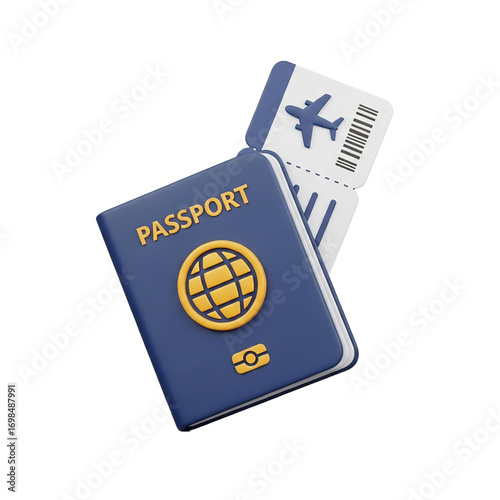 3D Passport and Boarding Pass Icon Isolated on White Background