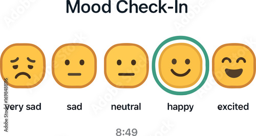Mood check-in row 5 emoji buttons with AI highlight illustration
