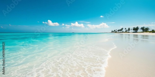 Fototapeta Naklejka Na Ścianę i Meble -  Azure tropical water laps a white sand beach, palm trees silhouetted on horizon,  tranquil,  vacation