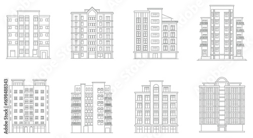 various architectural designs of modern apartment buildings illustrated