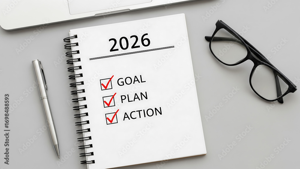 Fototapeta premium 2026 goals plan and action checklist on a notebook with glasses