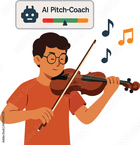 Music student practicing violin with an AI pitch-coach widget hovering above the instrument illustration