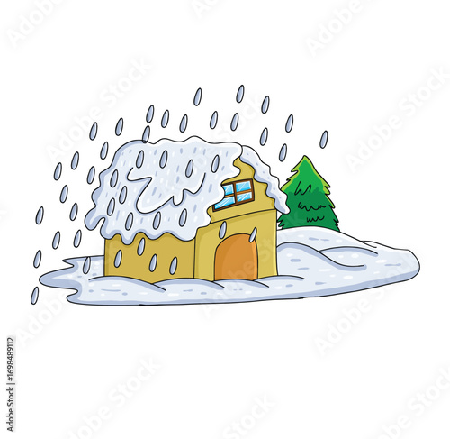Cute cartoon hand drawn vector House Covered By Snow During Winter clipart.