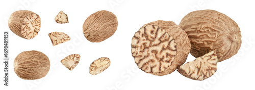 nutmeg isolated on white background with full depth of field. Top view. Flat lay