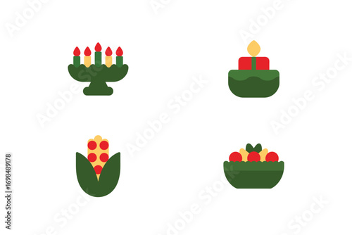 Four Kwanzaa symbols including kinara corn fruit bowl holiday celebration