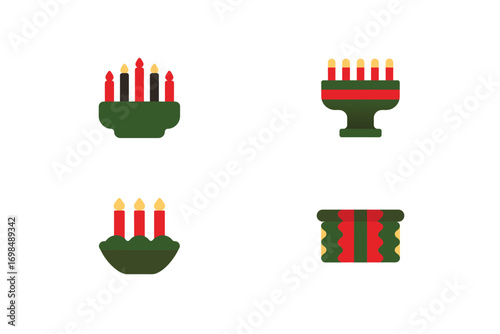 Four Kwanzaa symbols red green yellow candles kinara holiday celebration