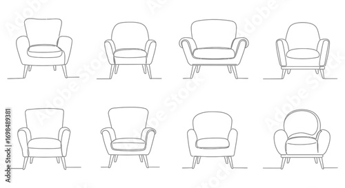 various styles of armchairs arranged neatly in rows