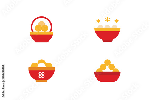 Four red bowls filled with yellow balls decorative elements chinese festival