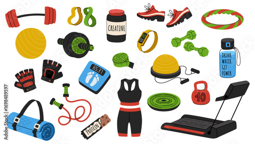 Sports equipment vector set. Inventory for gym training, fitness and yoga, weight loss, exercises, healthy and active lifestyle. Exercise machines, bag, mat, sportswear, barbell, dumbbells.