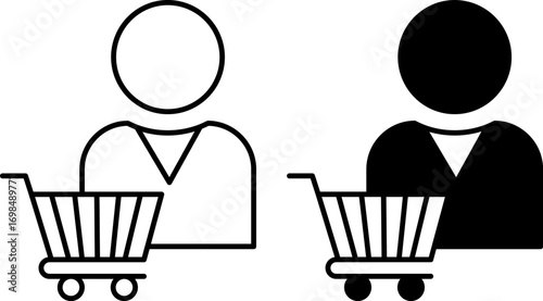 Customer Icons. Black and White Vector Illustration. Man and Shopping Cart. Regular Visitor, Buyer, Customer. Digital Marketing Concept