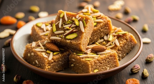 Delectable Indian sweet squares, garnished with slivered almonds and pistachios, served on a rustic plate, perfect for festive occasions.