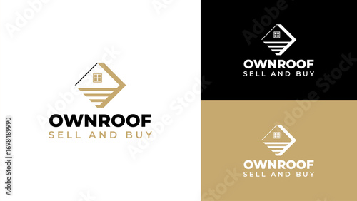 Real Estate Logo for Property Buy and Sell Business. House, Home Logo Icon with Geometric Window, and Land Symbol.