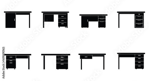 various styles of desks shown in black and white illustrations