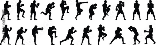 Silhouettes of male boxers in various fighting poses, kicking, punching, training, combat, martial arts, fitness, strength, action, sport, self-defense, boxing techniques