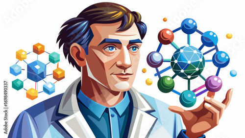 Close-up portrait of male nanotechnology researcher holding a molecular model. Isolated white background emphasizes science, innovation, and future materials.