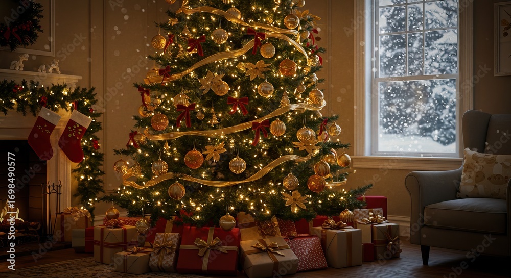 Obraz premium Christmas tree adorned with ornaments ribbon lights amidst gifts by fireplace window in cozy room