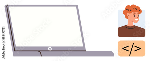 Open laptop, user avatar, and code icon emphasizing programming, coding, technology, online learning, development, design, digital collaboration simple flat metaphor