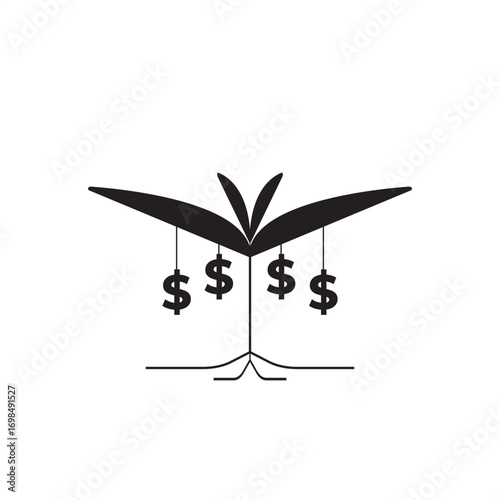 Minimalist vector illustration of income investing concept with dollar symbols hanging from plant, representing passive income, dividends, and consistent cash flow for finance and investment themes.