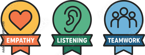 Social skill badge set empathy listening teamwork illustration