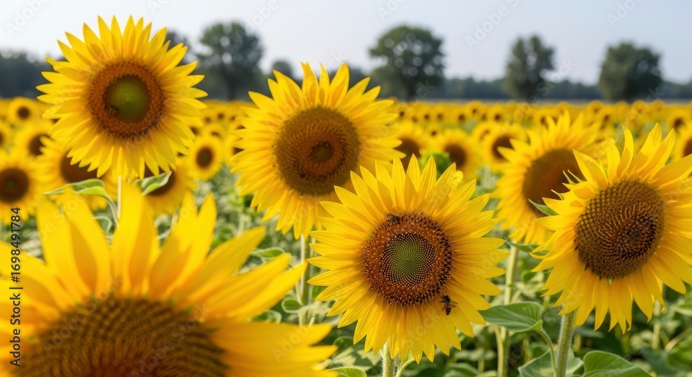 Fototapeta premium Vibrant yellow sunflowers bloom in a vast field under a bright sky, with busy bees collecting pollen, symbolizing summer and natural beauty.