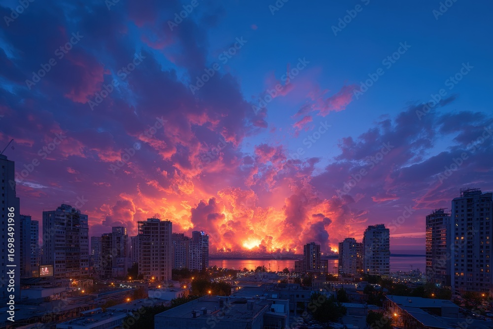 Fototapeta premium Breathtaking Sunset Over Urban Skyline with Colorful Clouds Display