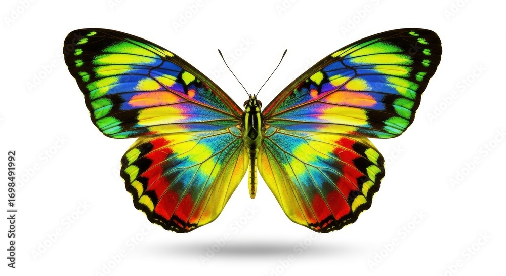 Obraz premium Vibrant, multi-colored butterfly with wings spread, showcasing intricate patterns and brilliant hues, isolated on a clean white background.
