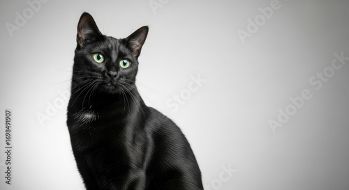A striking black cat with piercing green eyes gazes intently, captured in a clean studio portrait against a simple grey background.