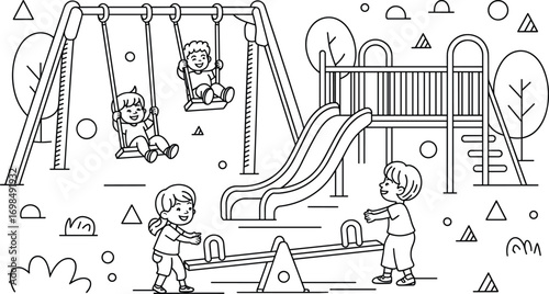 Children playing on swings, slide, and seesaw, outdoor playground equipment illustration, kids silhouette, fun activities, childhood recreation, park games, vector 