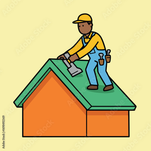 Roofer cartoon atop house