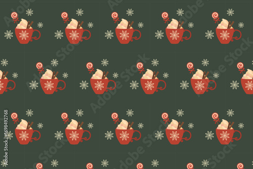 Christmas Hot Cocoa Seamless Pattern swatch available in swatches panel, Festive Holiday Winter Design with Snowflakes and Mug