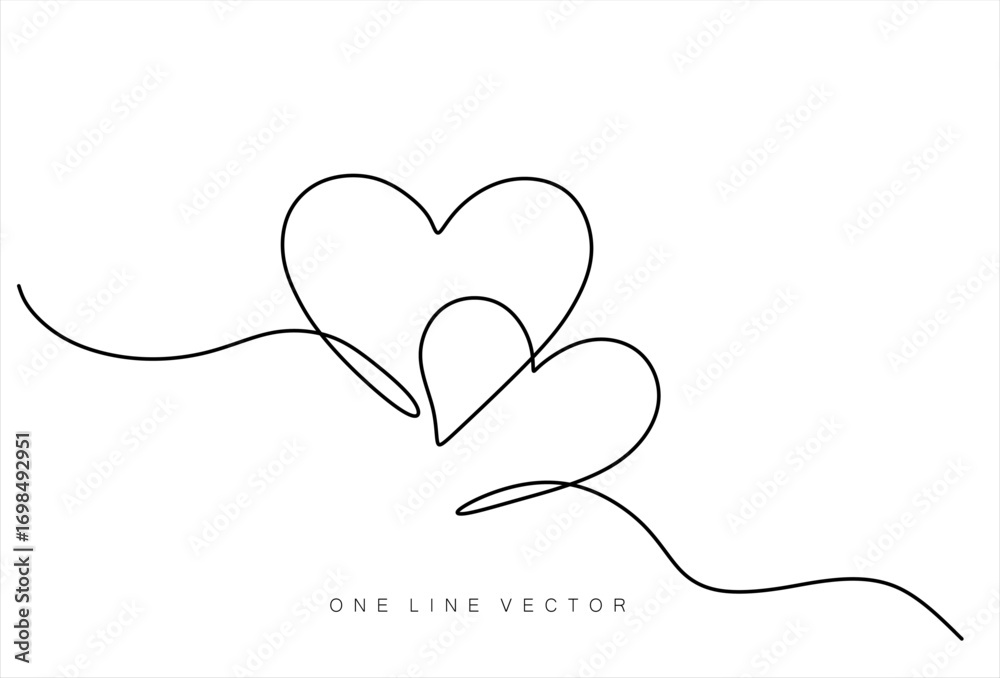 Fototapeta premium Continuous line art drawing. Couple of hearts symbolize love. Abstract hearts woman and man. Hand drawn one line vector. Editable stroke