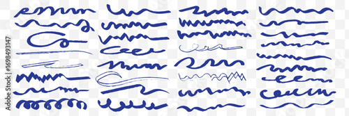 Red hand drawn brush strokes set. Sketched doodle scrawl lines collection. Zig zag, wavy, squiggle scribble stripe pack. Red marker note sign bundle for mark, emphasis, accent, highlight. Vector
