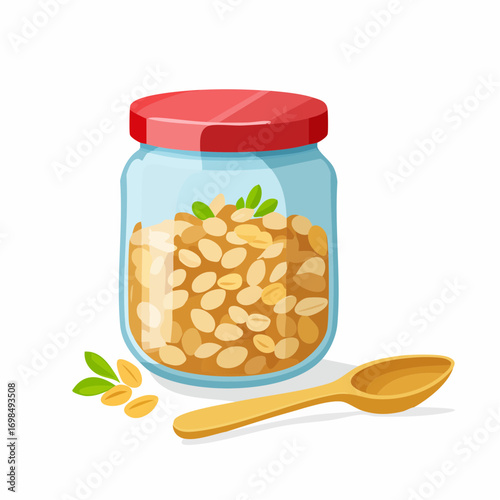 Oatmeal or granola flakes in glass jar with spoon. Healthy cereal breakfast icon. Oat snack, delicious snack.