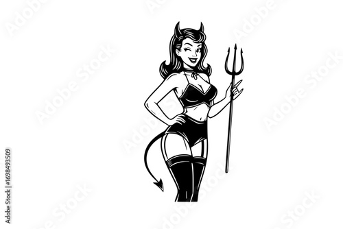 Halloween Pin-Up Girl Devil SVG – Vintage Pinup Girl in Devil Costume Illustration, Sexy Halloween T-Shirt Design for Cricut and Silhouette Cutting Machines